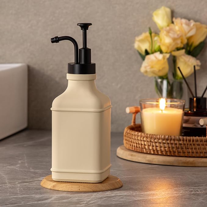 Enra Glass Soap Dispenser with Clear Window,12oz Matte Stainless Steel Hand Pump Dispenser,Hand and Liquid Soap Dispenser Rust Proof Countertop Lotion Bottle (Beige-Square-Liquid)