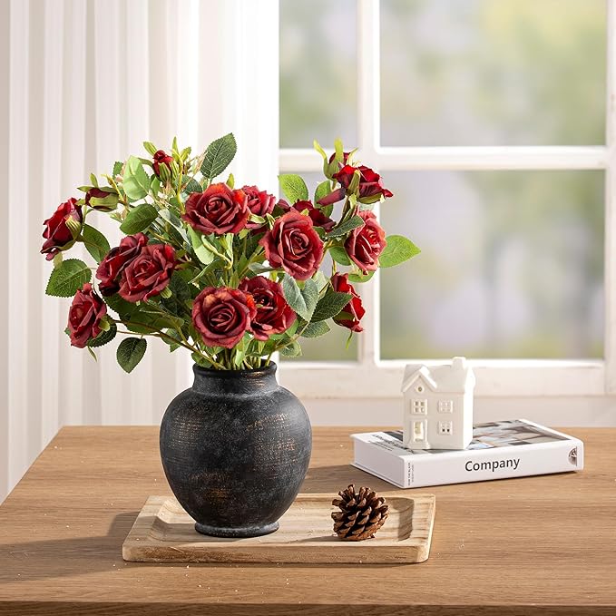 Ceramic Flower Vase, 6.7 Inch Rustic Farmhouse Decorative Vase Pottery Pampas Grass Vases for Home Decor Table Living Room Entryway Mantel Bookshelf Bedroom Bathroom Kitchen - Black