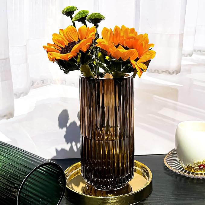 Muyan 9.8" Flower Vase for Decor Ribbed Glass Vase Modern for Centerpieces Desktop Home Office Dining Living Room Wedding (Amber)