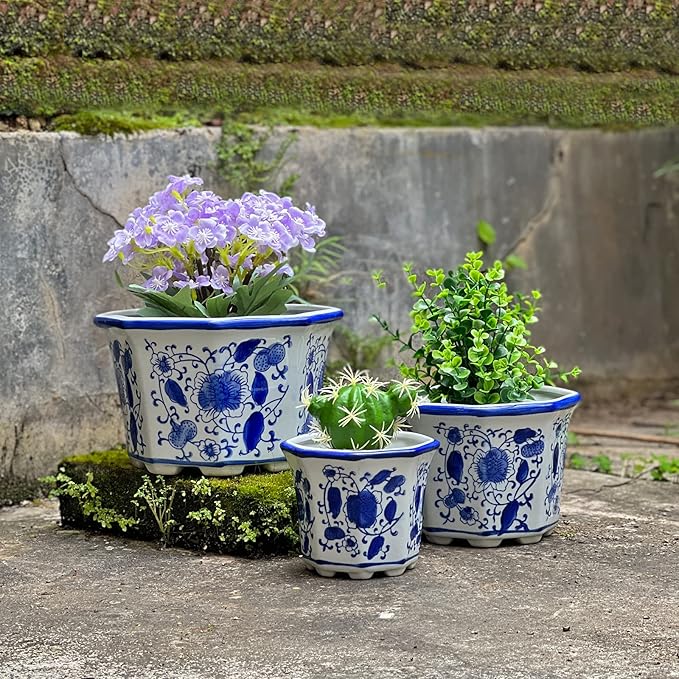 Ceramic Planter, Chinoiserie Decor Ceramic Flower Pots Plant Pots Indoor with Drainage for Orchid Succulent or Small Plants, Blue and White, Set of 3