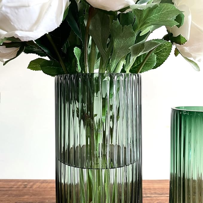 BUICCE Hand Blown Wide Mouth Ribbed Glass Flower Vase for Farmhouse Decor,Round Vintage Foding Bottles for Kitchen Dining Table Cafe Home Shelf Wedding Centerpiece.