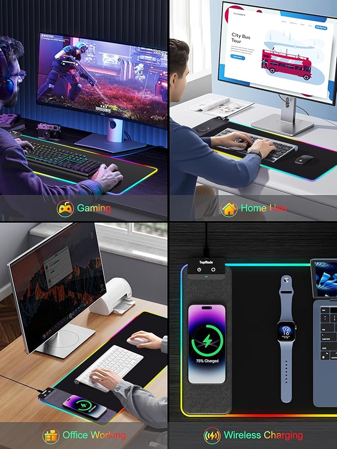 TopMade Mouse Pad with Wireless Charging, 31.5" x 11.81" Large Desk Mat RGB Gaming Mousepad, LED Desk Pad Keyboard Pad with Ultra-Smooth Surface & Non-Slip Rubber Base, Waterproof Desk Pad