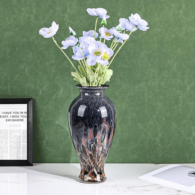 Hand Blown Glass Vase 11.8" Tall Beautiful Amber Blue Sea Wide Mouth Bud Vase for Table Centerpiece, Painted Colorful Murano Glass Flower Vases for - Home Entrance Wedding Center