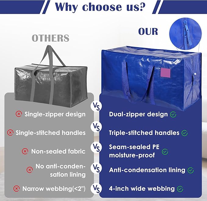 6 Pack Extra Large Heavy Duty Moving Bags with Reinforced Zipper & Wide Handles, Moisture-Resistant Storage Bins Packing Cubes for Clothes, College Dorm, Travel, and Home Organization, Blue