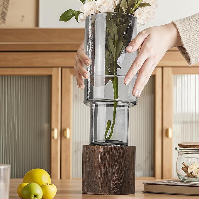 VECELO Artistic Flower vase with Wooden Base, 7" Tall Boho Rustic Cylinder Glass vase for Fresh Flowers, Fireplace Bedroom Kitchen Living Room