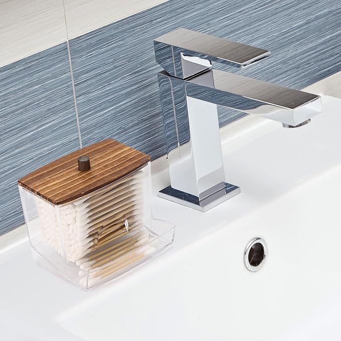 Tbestmax 10oz Qtip Holder Dispenser with Black Wood Lids, Big Cotton Swab Holder Bathroom Accessories Organizer for Storage-Qtips Cotton Ball, Floss Container