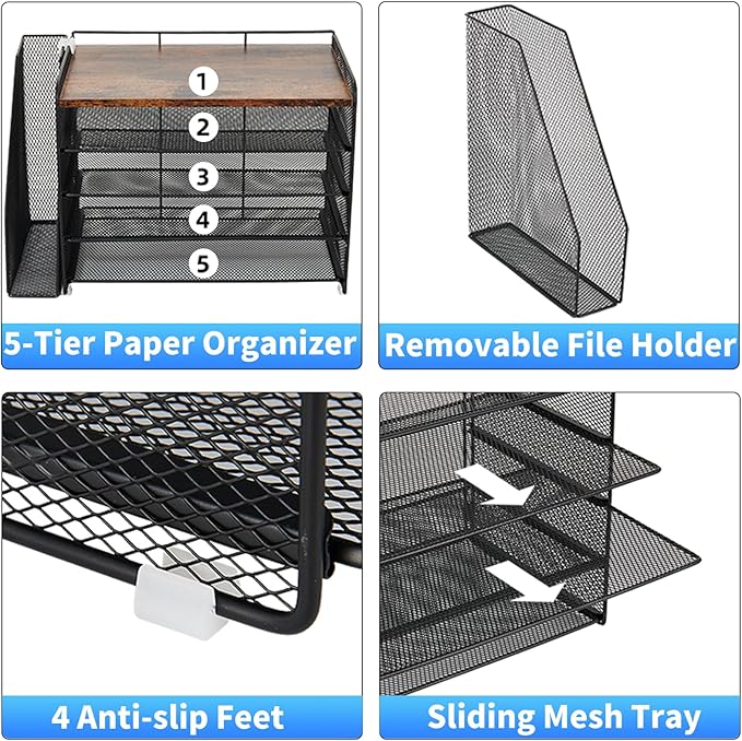 OPNICE 5-Tier Paper Organizer with Magazine Holder, Desk Organizers and Accessories, Office Desk Accessories & Workspace Organizers, Desktop File Organizer for Office Supplies Storage, Brown