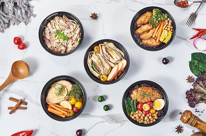 FULING 32 oz 50 ct Round Meal Prep Containers with Lids Plastic Food Storage Lunch Plan To Go Box Disposable Take Out Bowls Black BPA Free Reusable Durable Stackable Microwave Freezer Dishwasher Safe
