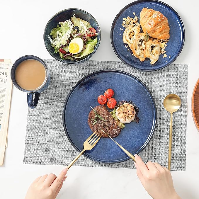 Vicrays Ceramic 12 Pieces Dinnerware Set - Dinner Plates Salad Plates Cereal Bowls Set Service for 4 - Scratch Resistant Microwave Oven Dishwasher Safe - Blue