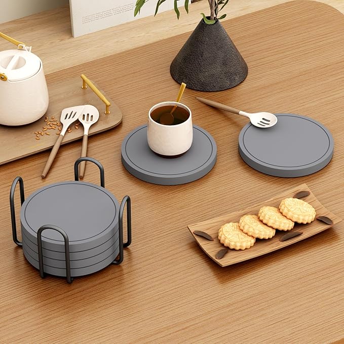 Azhou 6Pcs Super Absorbent Coasters with Holder, Diatomaceous Earth Coaster with Soft Velvet Base, 4 inch Grey Coasters for Drinks, Thick Heavy Duty Stone Coaster, Home Decor Coffee Bar Accessories