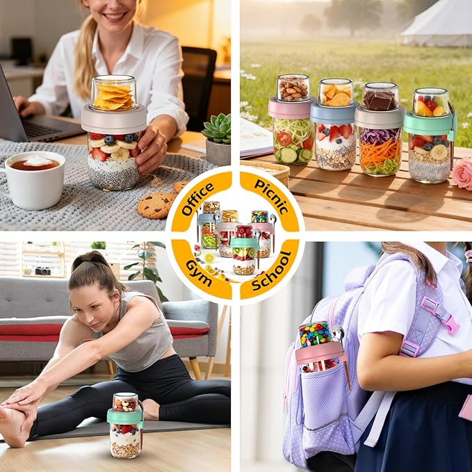 4 Pack Overnight Oats Containers with Lids, 20 oz (16+4) Dual-Layer Mason Jars Yogurt Parfait Cups with Lids, Leak-proof Meal Prep Containers Dry and Wet Separation for Overnight Oats, Salad, Yogurt