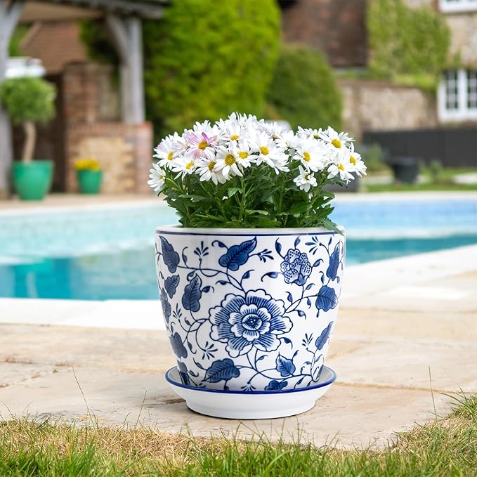 8 inch Ceramic Planters for Indoor Plants, Chinoiserie Decor Ceramic Pots for Plants Flower Plant Pots Indoor with Drainage and Saucer, Blue and White