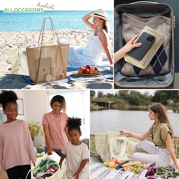 KALIDI BeachNylon Mesh Tote Bag, Casual Tote Bag Hobo Women Foldable MAX 23L Shoulder Bag For Beach Picnic Vacation