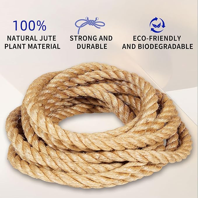 Jute Rope: Twisted Manila, 20mm Natural Thick Hemp - Heavy Duty Tug of War & Home Decor, 100 ft