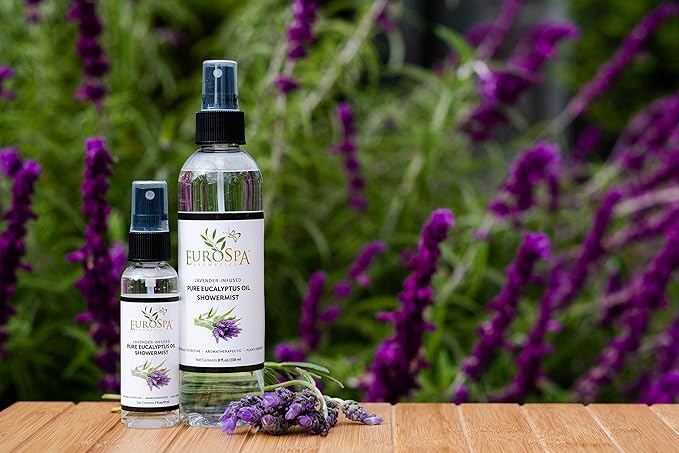 EuroSpa Aromatics Pure Eucalyptus Oil ShowerMist and Steam Room Spray, All-Natural Premium Aromatherapy Essential Oils - Lavender Infused, Duo Pack, 8oz and 2oz