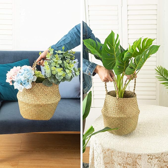 Seagrass Belly Basket, Set of 2 Woven Plant Pot Holder Handmade Home Decor for Storage Plants Picnic Grocery Large(12.6 x 11.02 inch)