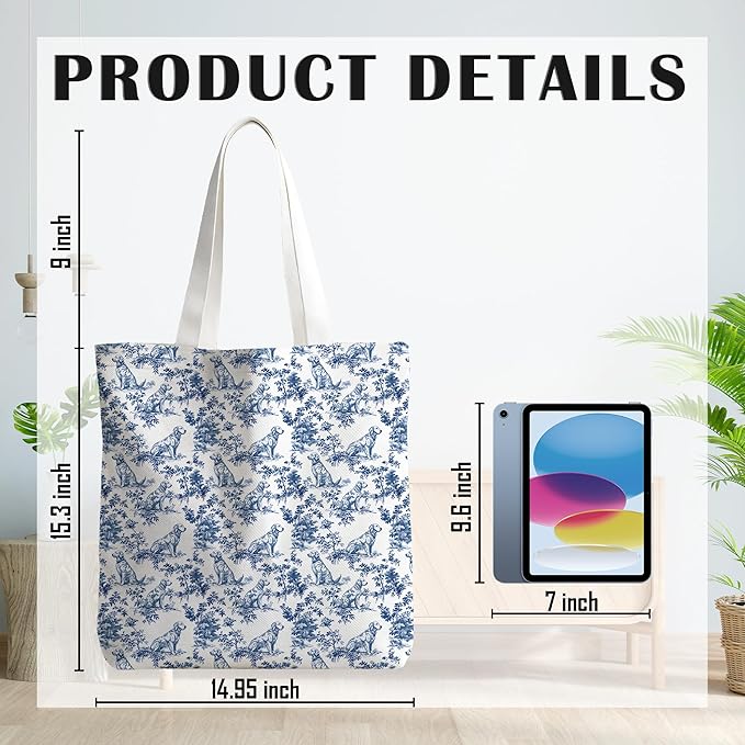 Blue Golden Retriever Tote Bag, Blue and White Chinoiserie Dog Canvas Tote Bags for Women, Grand Millennial Gifts for Women, Vintage Dog Reusable Grocery Shopping Bag