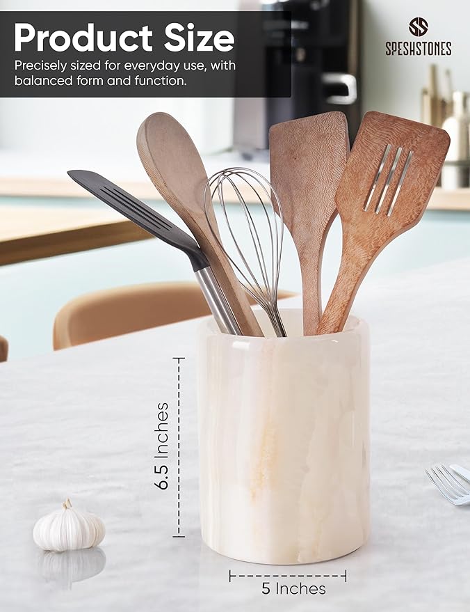 Marble Utensil Holder 6.5 Inch White Onyx Wooden Cooking Utensils Set & Spatula Organizer for Kitchen Counter Decor, Utensil Crock & Stone Caddy for Spoon Holder & Modern Farmhouse Decor