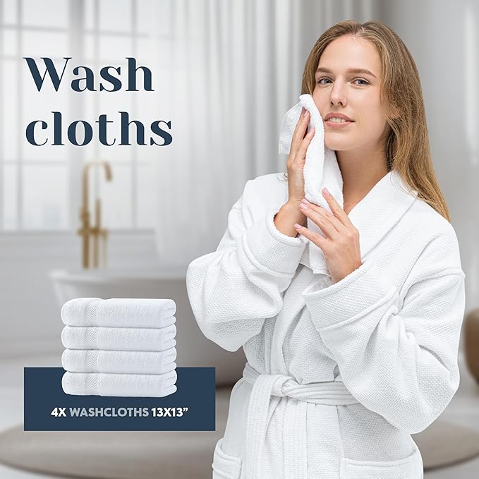 Luxury White Bath Towel Set of 8 Pieces - 100% Turkish Cotton 700 GSM Highly Absorbent Towels for Bathroom, 2 Bath Towels, 2 Hand Towels, 4 Washcloths