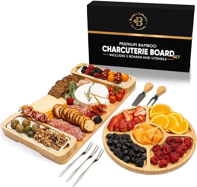 Charcuterie Board Gift Set - Bamboo Cheese Board & Serving Tray for Meat, Cheese, Crackers, Fruit - Large Wooden Charcuterie Boards for Parties - Wedding, Housewarming, Birthday Gifts for Women