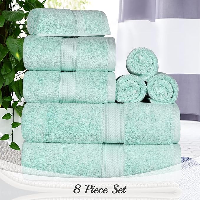 BLUENILEMILLS Madison Egyptian Cotton Towels, Towel Set for Bathroom, Shower, Hotel, Plush, 900 GSM, Highly Absorbent and Ultra-Soft Towels, Bath Essentials, 8 Piece Assorted Towel Set, Sea Foam