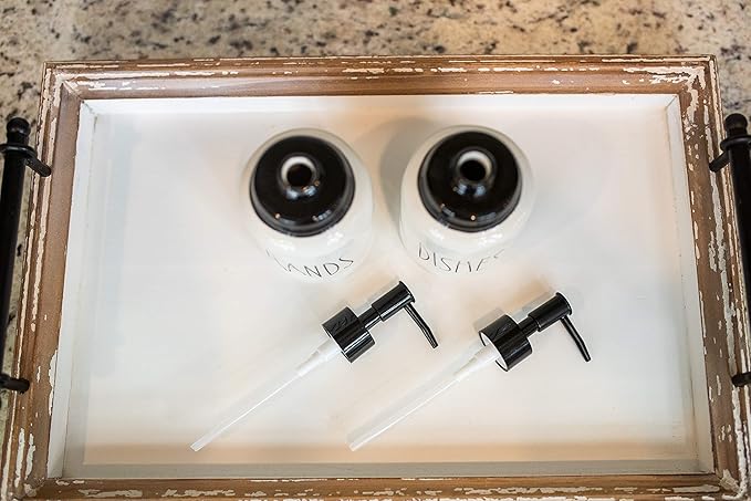 Modern Farmhouse Ceramic Dishes and Hands Soap Dispenser Set for Kitchen | Stainless Steel Pumps | 14oz, White Bottles | Kitchen Décor for Counter