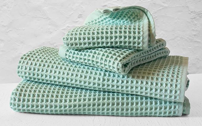 PÜSKÜL - Premium Waffle Towel Set 4 Pieces Ice Green - Organic 100% Turkish Cotton Quick-Dry Towels for Bathroom Made in Turkiye (Ice Green, Towel Set - 2 Hand & 2 Bath Towels)