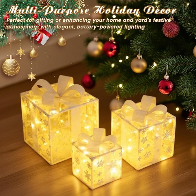 Gcroet Christmas Lighted Gifting Boxes 3PCS/Set LED Warm White Christmas Decorations Snowflakes Box Battery Operated for Holiday, Indoor, Yard, Home, Lawn Decor...