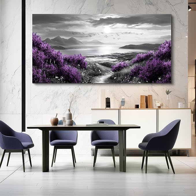 Canvas Wall Decor for Bedroom Large Wall Art for Living Room Modern Office Wall Decoration Purple Flowers Landscape Paintings Black and White Scenery Pictures Artwork Aesthetic Home Decor