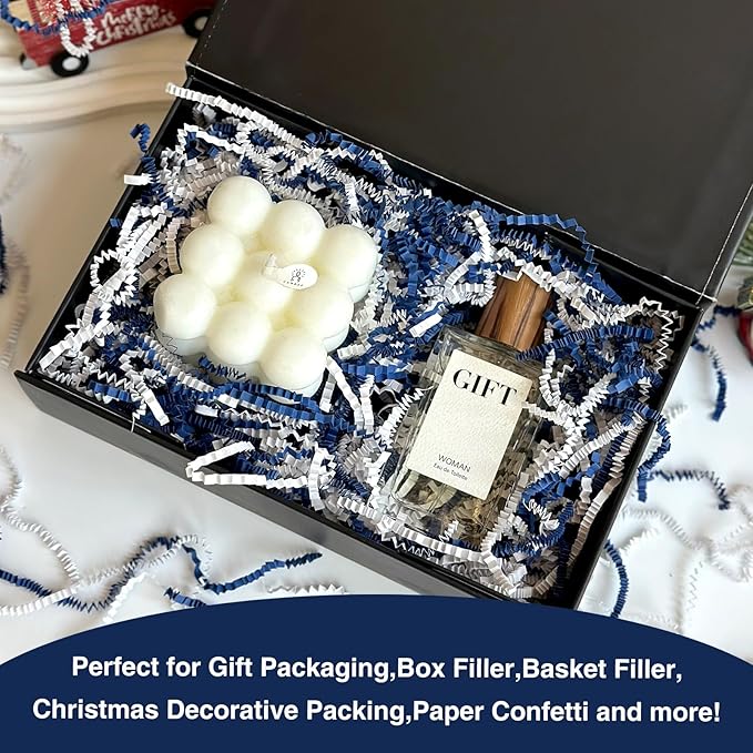 2LB Crinkle Cut Paper Shred Filler for Bag Gift Box Basket Paper Shreded Stuffing Decoration for Valentine's Day Holiday Party (Blue&White)