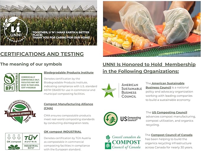 UNNI Compostable Food Prep Gloves, For Food Handling, ASTM D6400, US BPI, CMA & Europe OK Compost Certified