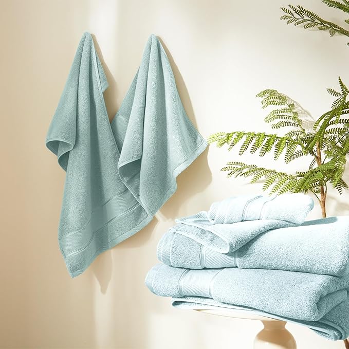 Marvione Bath Towels Set 6 Piece, 100% Turkish Cotton Highly Absorbent and Soft Towels for Bathroom 2 Bath Towels 2 Hand Towels 2 Washcloths, Light Blue