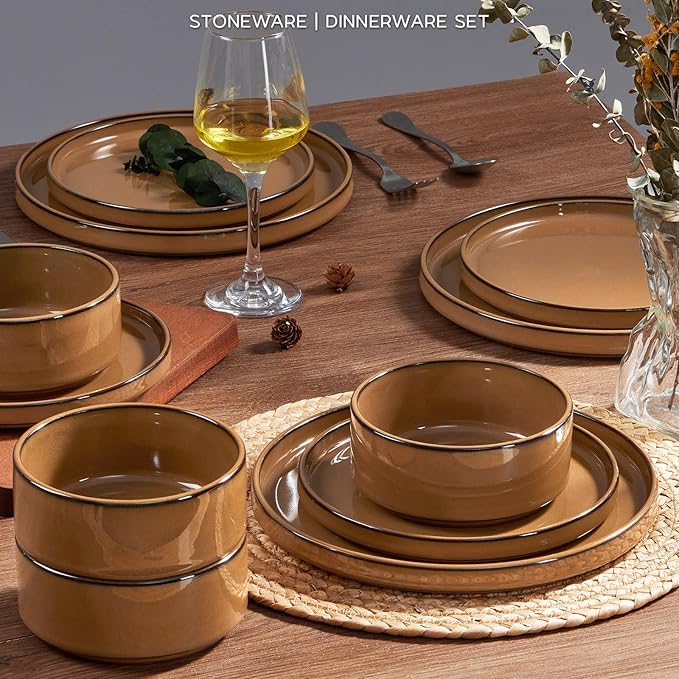 Onader Stoneware Dinnerware Sets for 4, Plates and Bowls with Unglazed Terracotta Bottom, Elegant Kitchen Ceramic Dish Dishware Set, Reactive Glaze 12 Piece - Earthy Umber