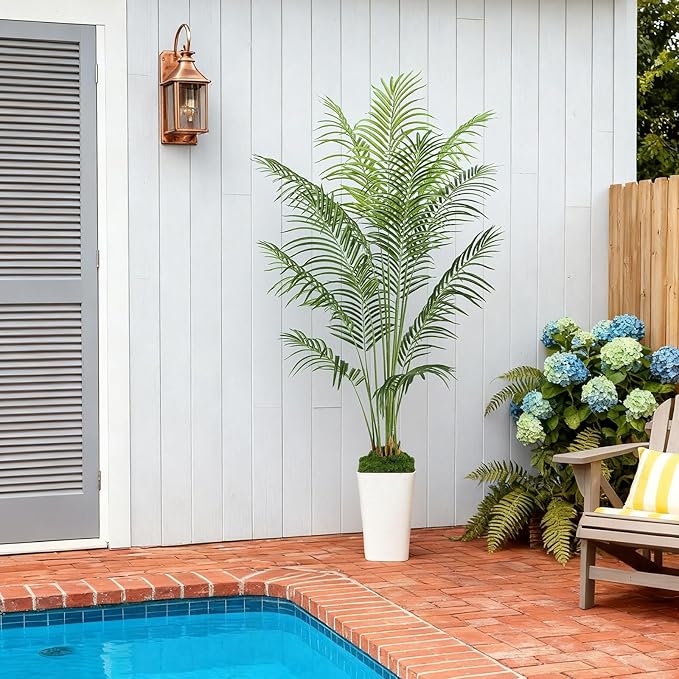 6FT Artificial Palm Tree, Tall Fake Tropical Areca Plant with White Square Planter for Indoor Outdoor Home Decor, Realistic Faux Palm Tree for Living Room, Office, Porch, Garden