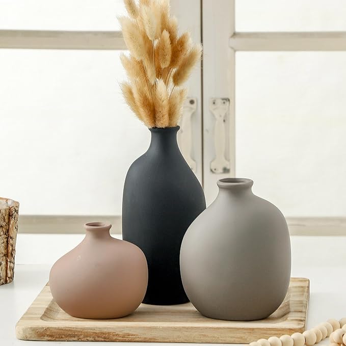 Ceramic Vase Set of 3, Modern Rustic Pottery Vases for Home Decor,Farmhouse Flower Vase for Pampas Grass, Dried or Fresh Flowers, Decorative Vases for Living Room, Bedroom, Bookshelf, or Table.
