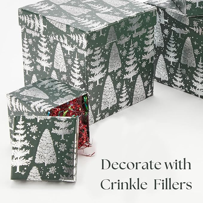 UNIQOOO 5Pcs Green Christmas Gift Box Set with Lid, Assorted Size, Square Silver Xmas Tree Nested Paper Keepsake Boxes, Card Box Tower Organizer Decor, Holiday, Thanksgiving, Party Gift Wrap Packaging