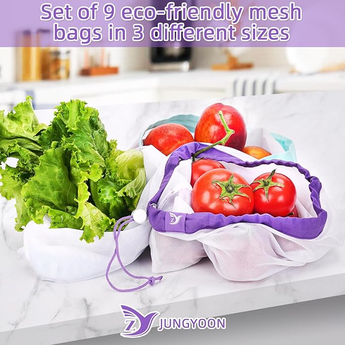 JUNGYOON 9-Pack Reusable Produce Bags & Vegetable Bags – Heavy Duty Washable Mesh Grocery Bag with Drawstring Closure, Eco-Friendly Storage for Farmers Market, Groceries, Beach & Fridge (L, M, S)