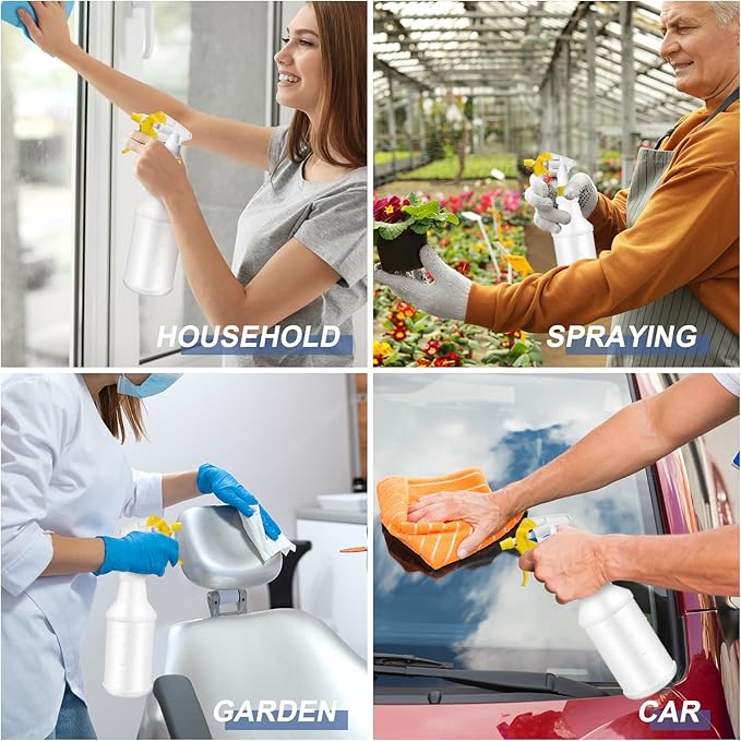 Eccliy 20 Pack 16oz Empty Spray Bottles, Leakproof Cleaning Bottles with Measurement and Adjustable Nozzle for Housekeeping, Commercial Use(Cylinder,Yellow Spray Head)