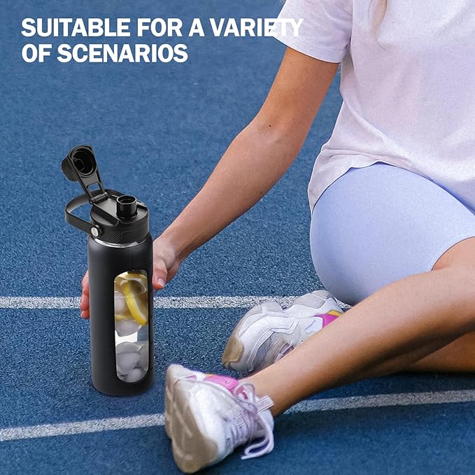 24oz Glass Water Bottle with Straw and 2 Lids-Bamboo and Spout Lid, Borosilicate Glass Water Bottle with Silicone Sleeve and Time Marker,BPA Free & Cupholder Friendly,Black