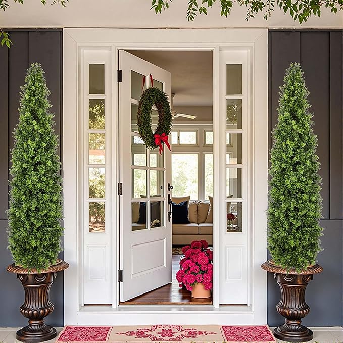 5FT Artificial Boxwood Topiary Tree Fake Topiary Potted Plants for Home Office Garden Indoor Outdoor Decoration 59INCH(2PACK)