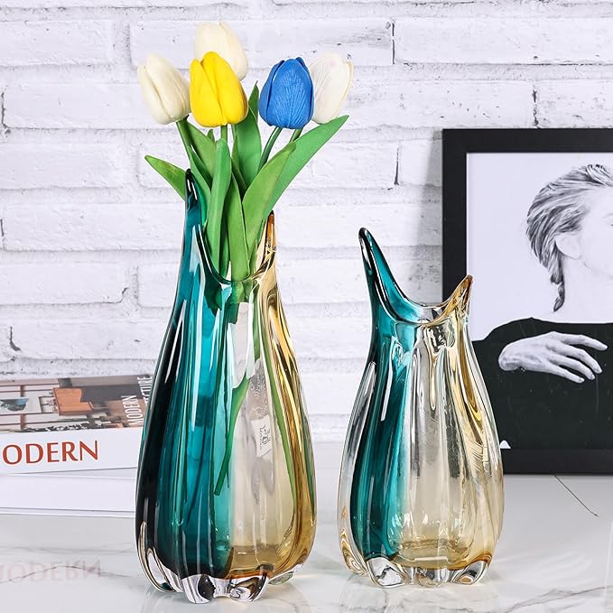 orenm Hand Blown Glass Vase,Unique Wide Glass vase,Modern Colorful Turquoise Glass Art Decor,Amber and Teal Vases for Office,Living Room,Dining Table Table Centerpieces Decorative (Horn-M)