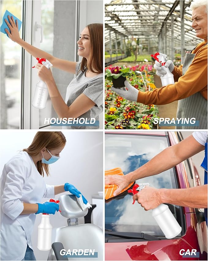 Eccliy 20 Pack 16oz Empty Spray Bottles, Leakproof Cleaning Bottles with Measurement and Adjustable Nozzle for Housekeeping, Commercial Use(Cylinder,Red White Spray Head)