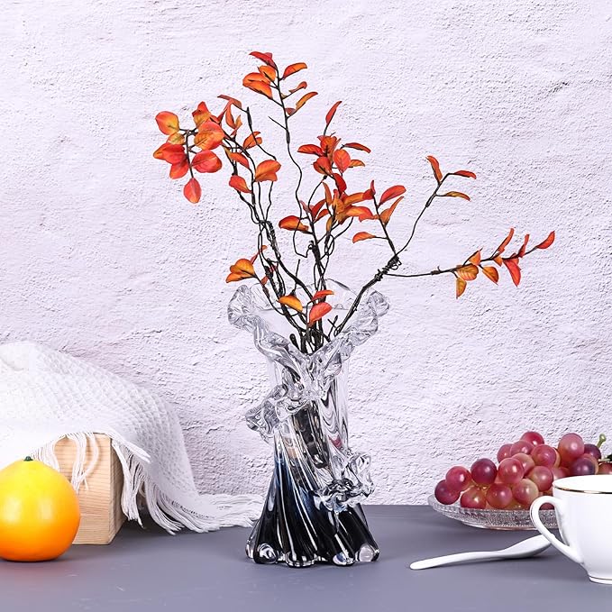 Hand Blown Blue Glass Vase, Unique Art Beautiful Ocean Glass Vase for Home Centerpiece, Coffee Table, Living Room, Office Decor - 8" H