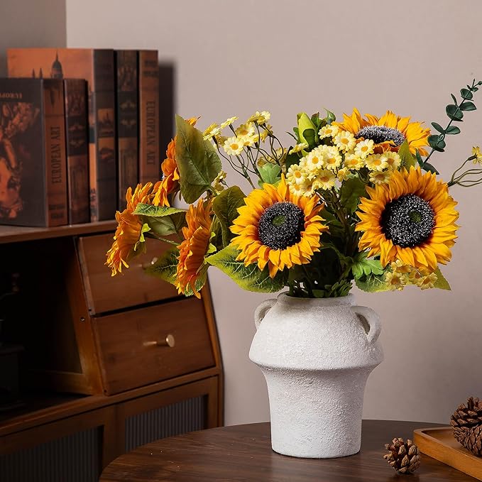 Ceramic Rustic Vase, 7 Inch Vintage Terracotta Flower Vases for Home Decor, Decorative Farmhouse Vase with hadle for Home Decor, Living Room, Shelf Decor, Farmhouse, Table, Lyeec