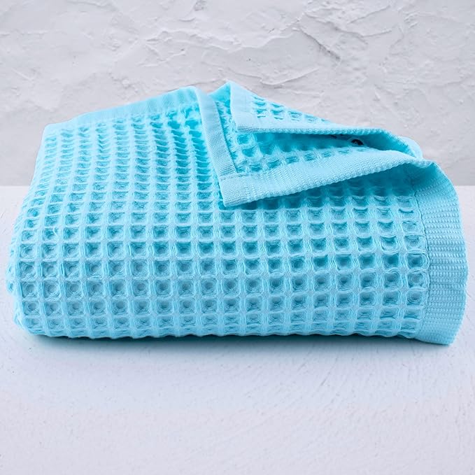 PÜSKÜL Premium Waffle Bath Towels Set of 2 - Organic 100% Turkish Cotton Bath Towel - Quick Dry, Absorbent, Light, Thin, 32x63 Large Waffle Towels (Aqua Turquoise Bath Towels - Pack of 2)
