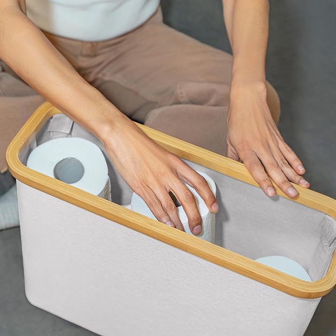 LONBET Toilet Paper Storage for 12 Rolls, Stackable & Foldable - The Ultimate Bathroom Organizer - Waterproof Basket with Bamboo Lid - Elegant Toilet Paper Storage Holder, Light Gray