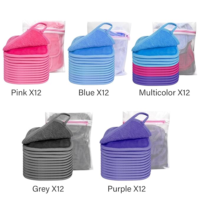 KODAMO Makeup Remover Cloth, 6 inch x 6 inch Reusable Makeup Remover Pads Washable Travel Bag, Microfiber Makeup Removal Face Wash Cloths with Just Water, Gentle Soft, 12 Pack