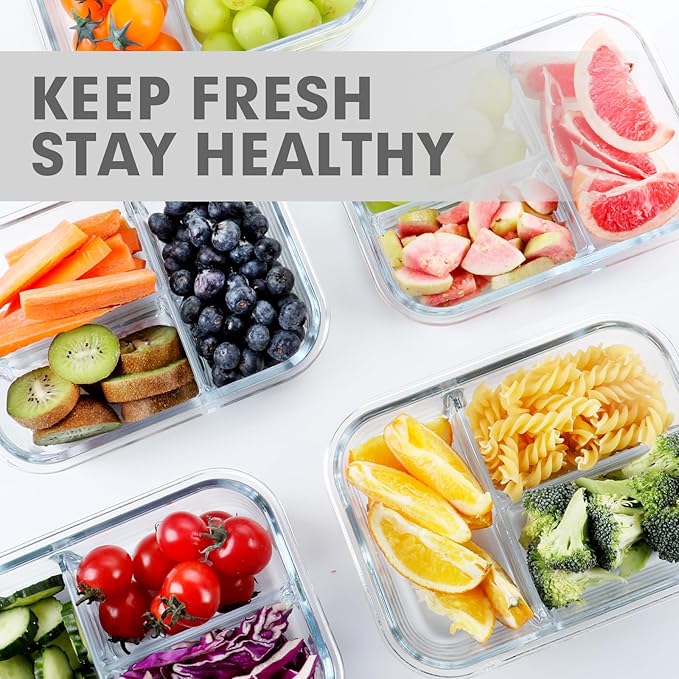 VERONES 5 Pack Glass Meal Prep Containers 3 Compartment Set, 36OZ Airtight Glass Lunch Containers, Food Storage Containers with Lids, for Microwave, Oven, Freezer & Dishwasher Friendly,White