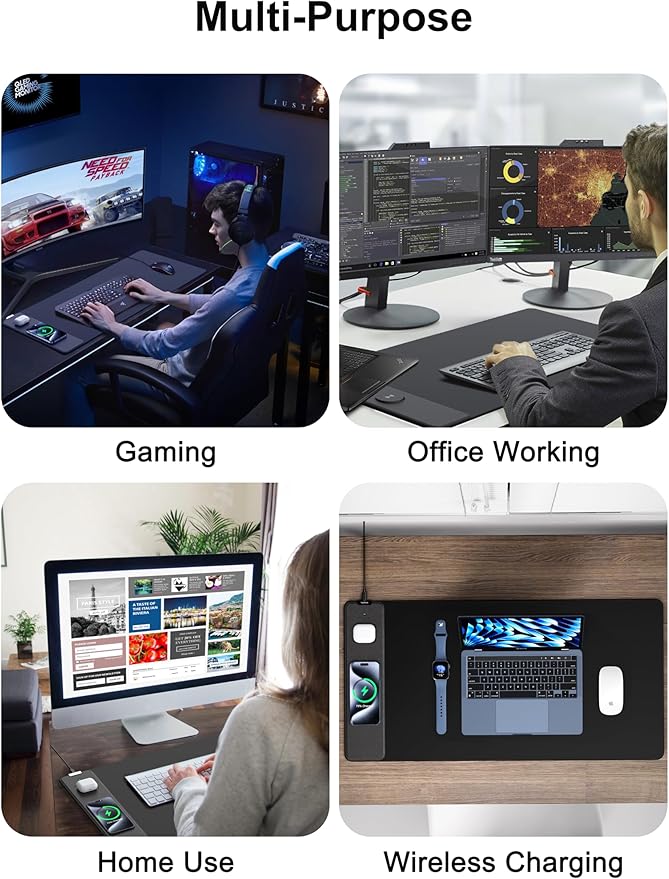 TopMade Mouse Pad with 15W Fast Wireless Charging, 35.43"x15.75" XXXL Large Gaming Waterproof Desk Pad with Ultra-Smooth Surface, Non-Slip Base, Classic Black Computer Desk Mat for MacBook, PC, Laptop