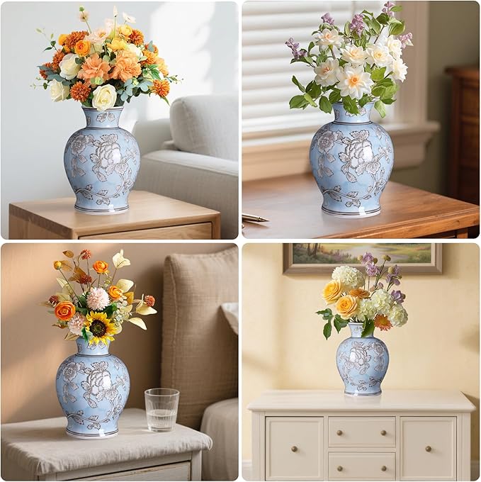Vintage Chinoiserie Floral Ceramic Vase, Large Rustic Pottery Vases for Living Room, Entryway, Dining Table Centerpiece, Farmhouse Home Décor, Floor or Tabletop Flower Vase, (Blue)